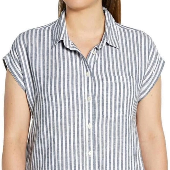 ORVIS Linen Top L Short Sleeve Stripe Button Up Coastal Beach Preppy Nautical - Picture 1 of 10